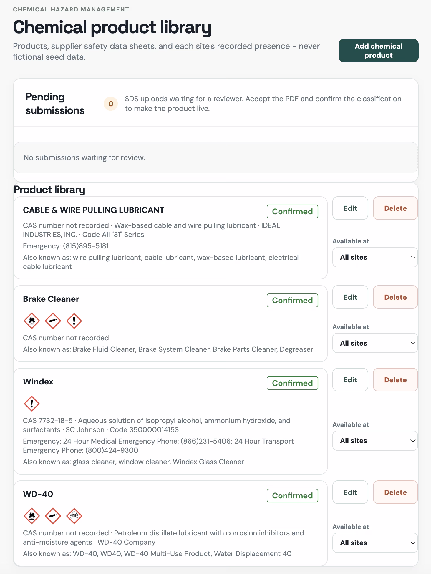 CHEMICALS & SDS in the Safety Matrix admin portal