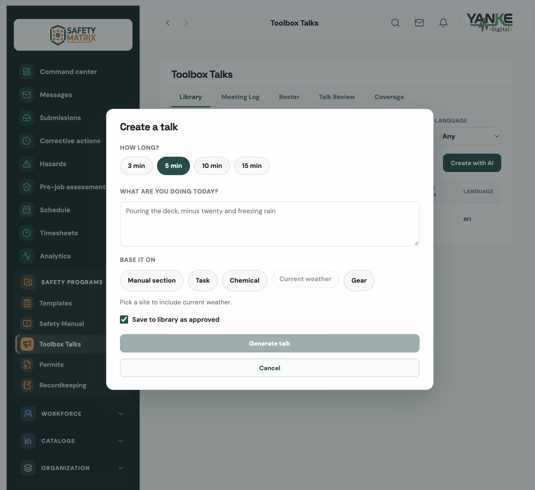 TOOLBOX TALKS in the Safety Matrix admin portal