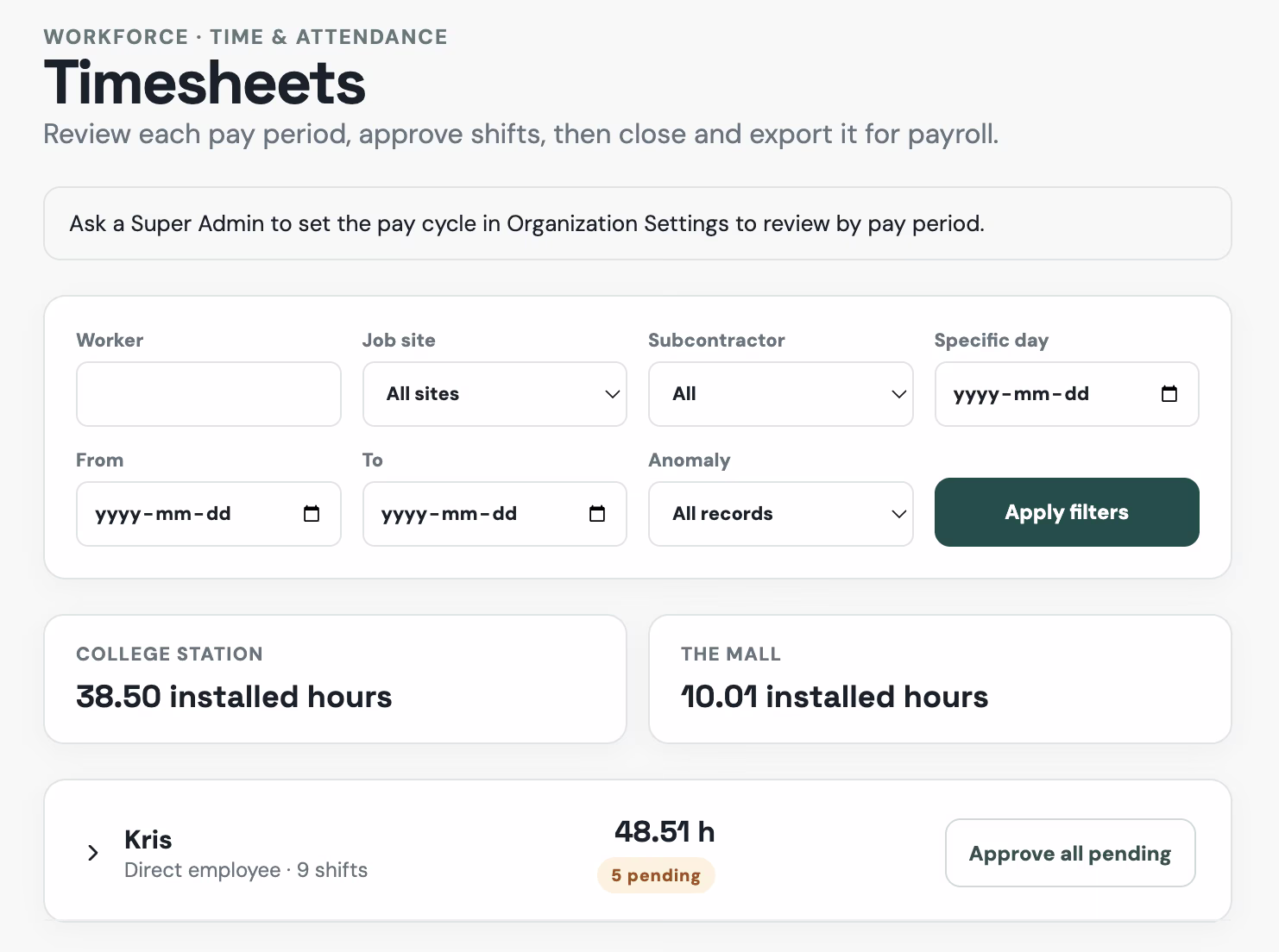 Timesheets in the Safety Matrix admin portal
