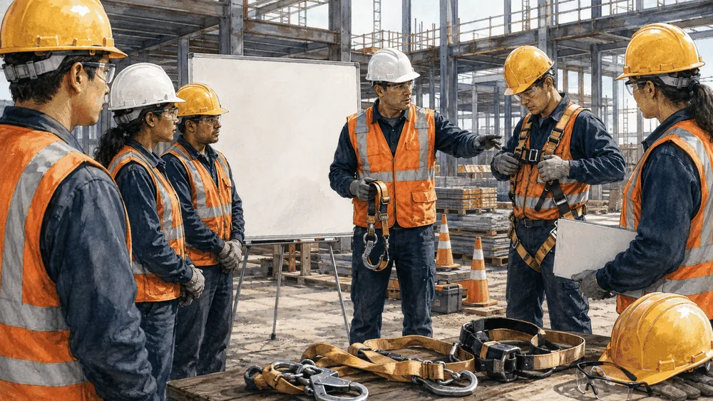 Illustration of a crew in protective equipment taking part in a job-site safety briefing