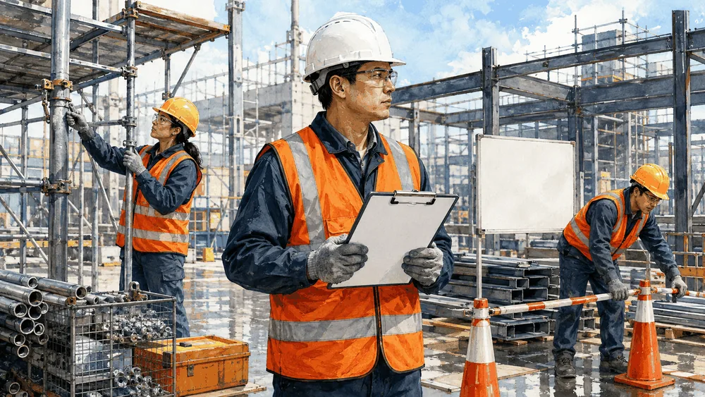 Illustrated crew and construction safety scene