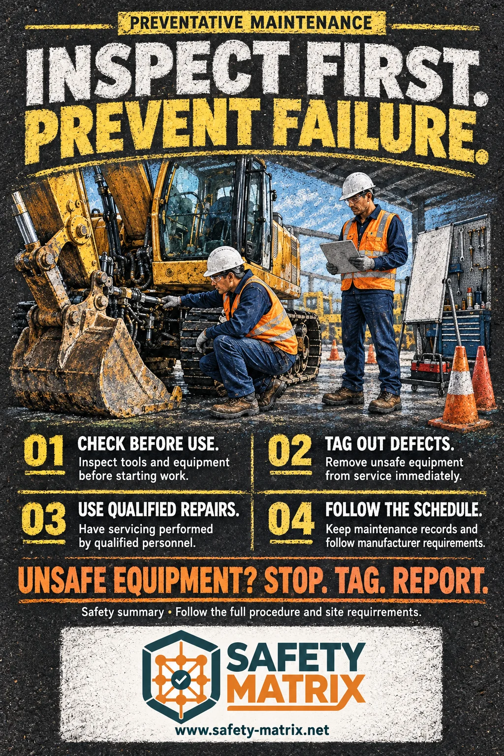 Illustrated Safety Matrix maintenance poster: workers inspect an excavator beneath “Inspect first. Prevent failure.”