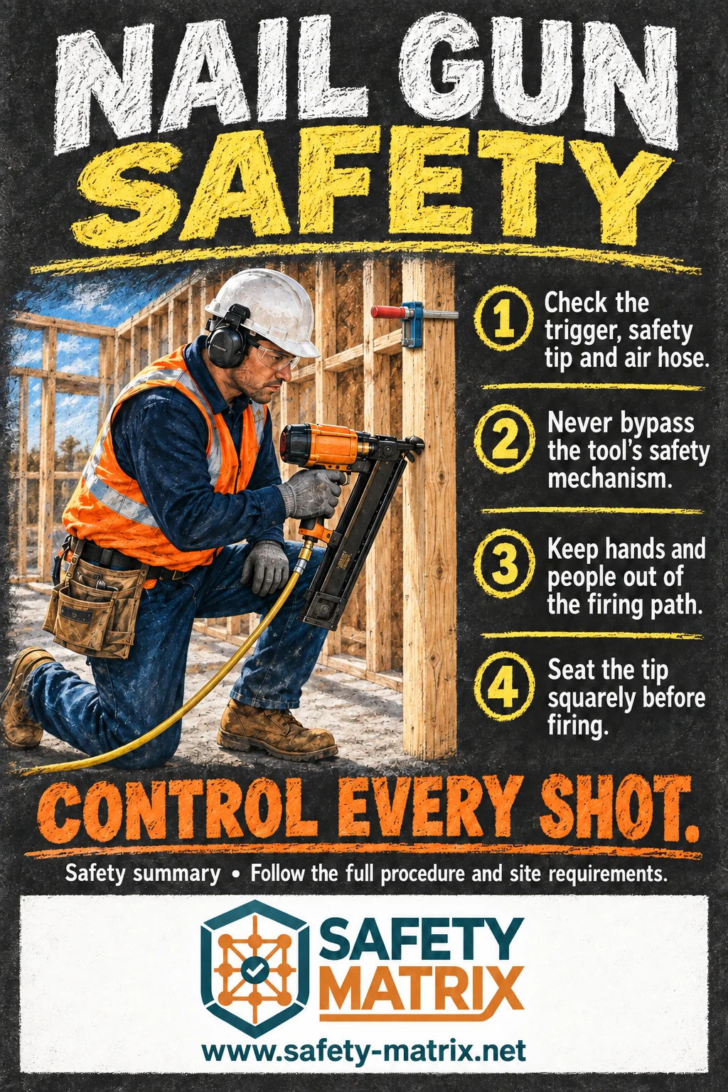 Safety Matrix poster: Safe Job Procedure - Pneumatic Nail Gun & Framing Nailer Safety.