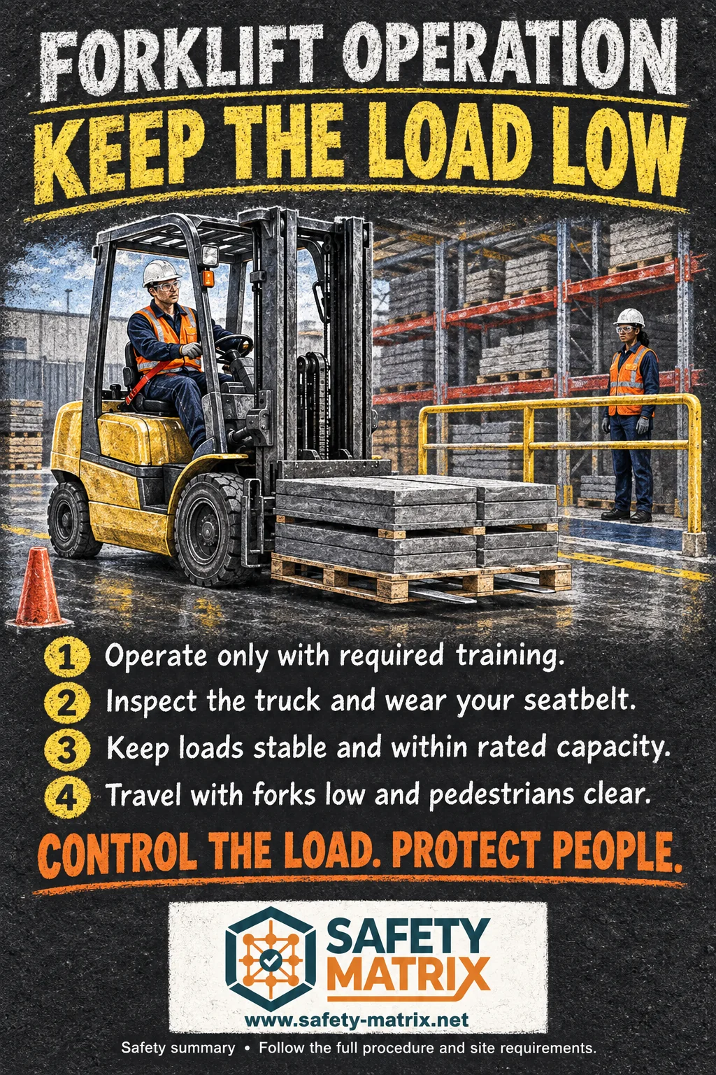 Safety Matrix poster: FORKLIFT OPERATION KEEP THE LOAD LOW.