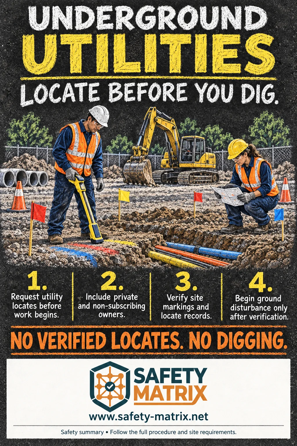 Safety Matrix poster: LOCATE BEFORE YOU DIG.