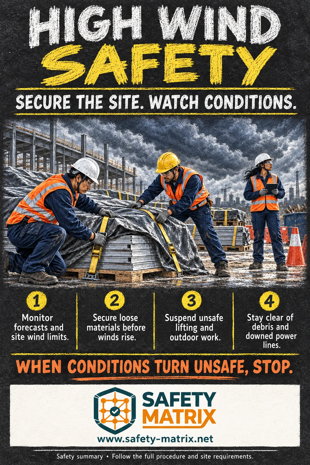 Safety Matrix poster: SECURE THE SITE. WATCH CONDITIONS.